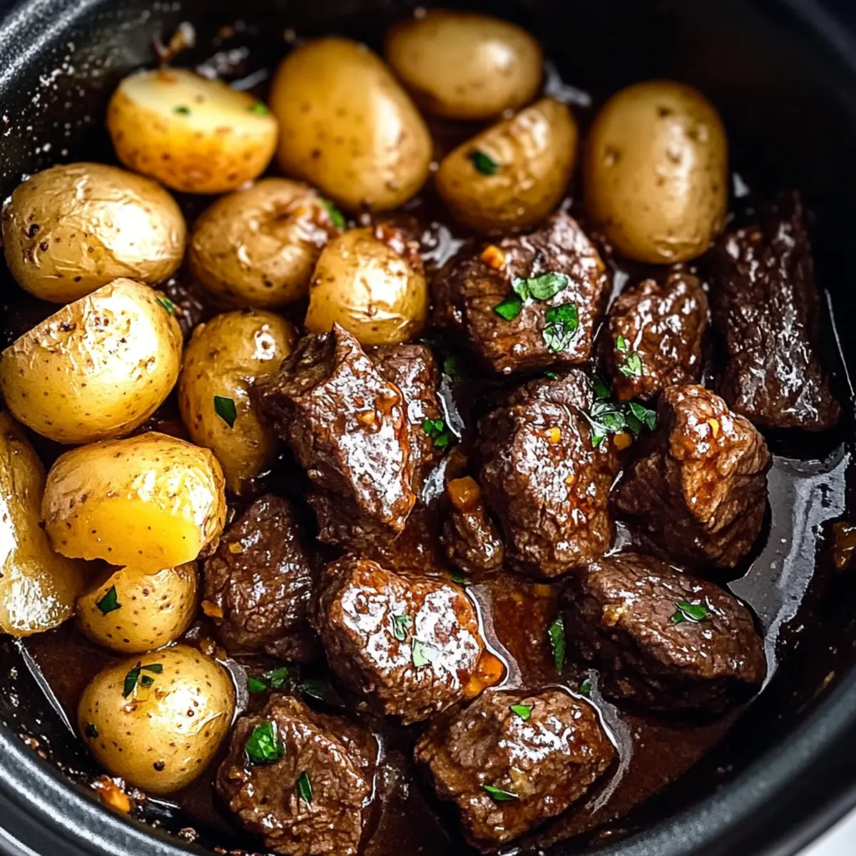 Slow Cooker Garlic Butter Beef Bites with Potatoes
