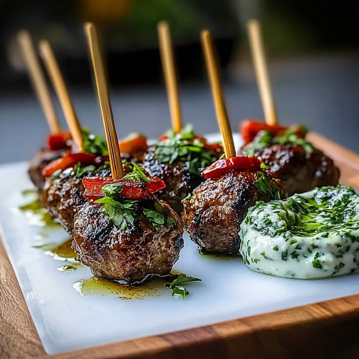 Meatball Skewers with Tahini Yogurt and Red Chimichurri