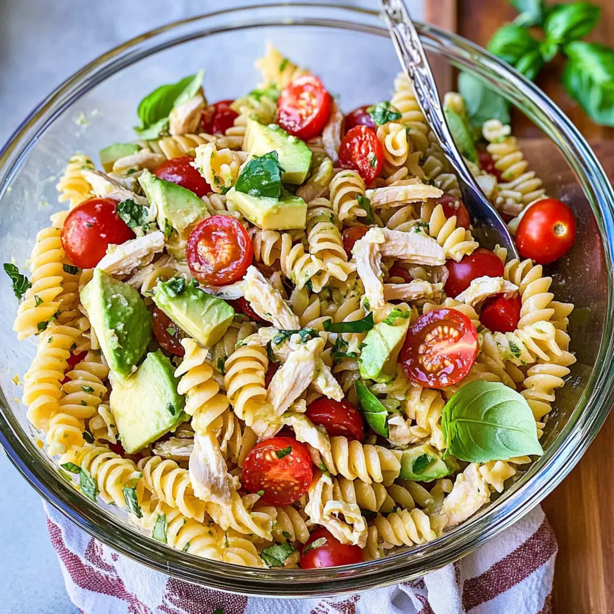 Healthy Chicken Pasta Salad with Avocado, Tomato, and Basil ﻿