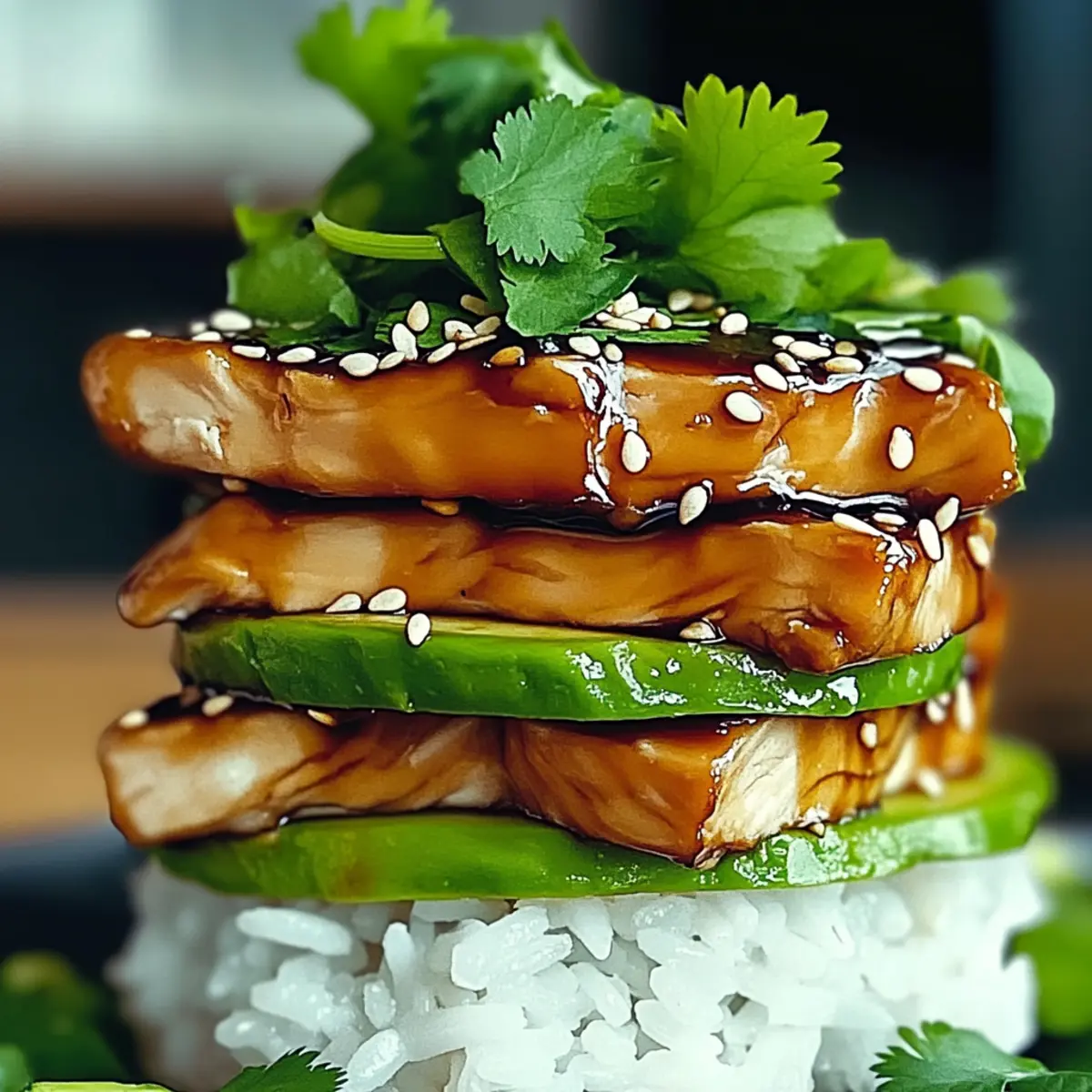 Teriyaki Chicken Avocado Rice Stack