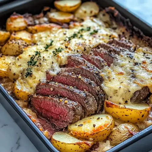 Garlic Butter Steak & Cheddar Potato Bake