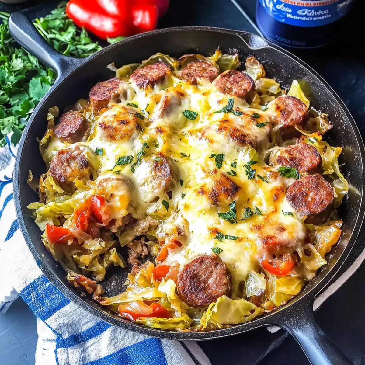 Keto Cheesy Cabbage Sausage Skillet 🥘
