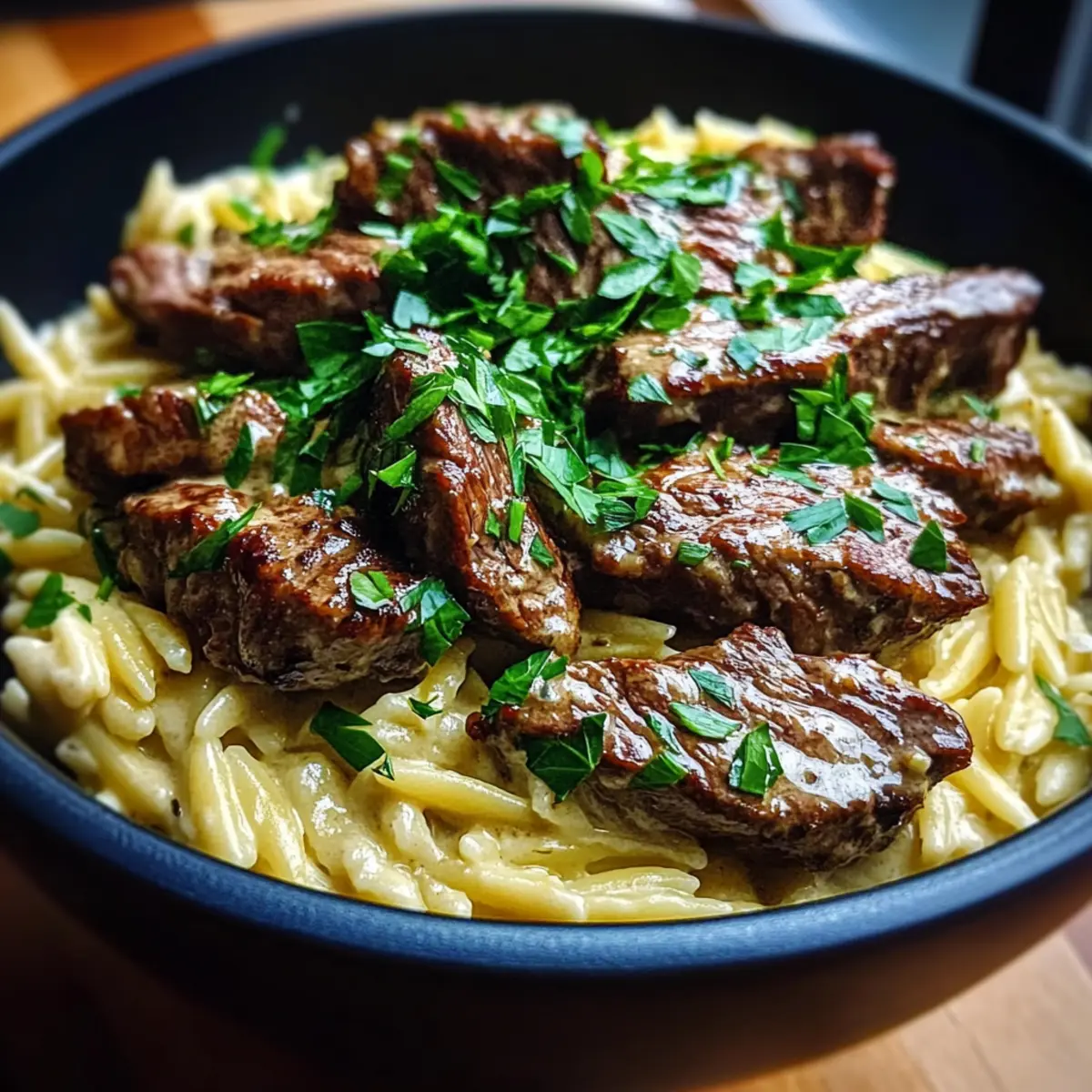 One Pot Creamy Garlic Butter Steak Orzo