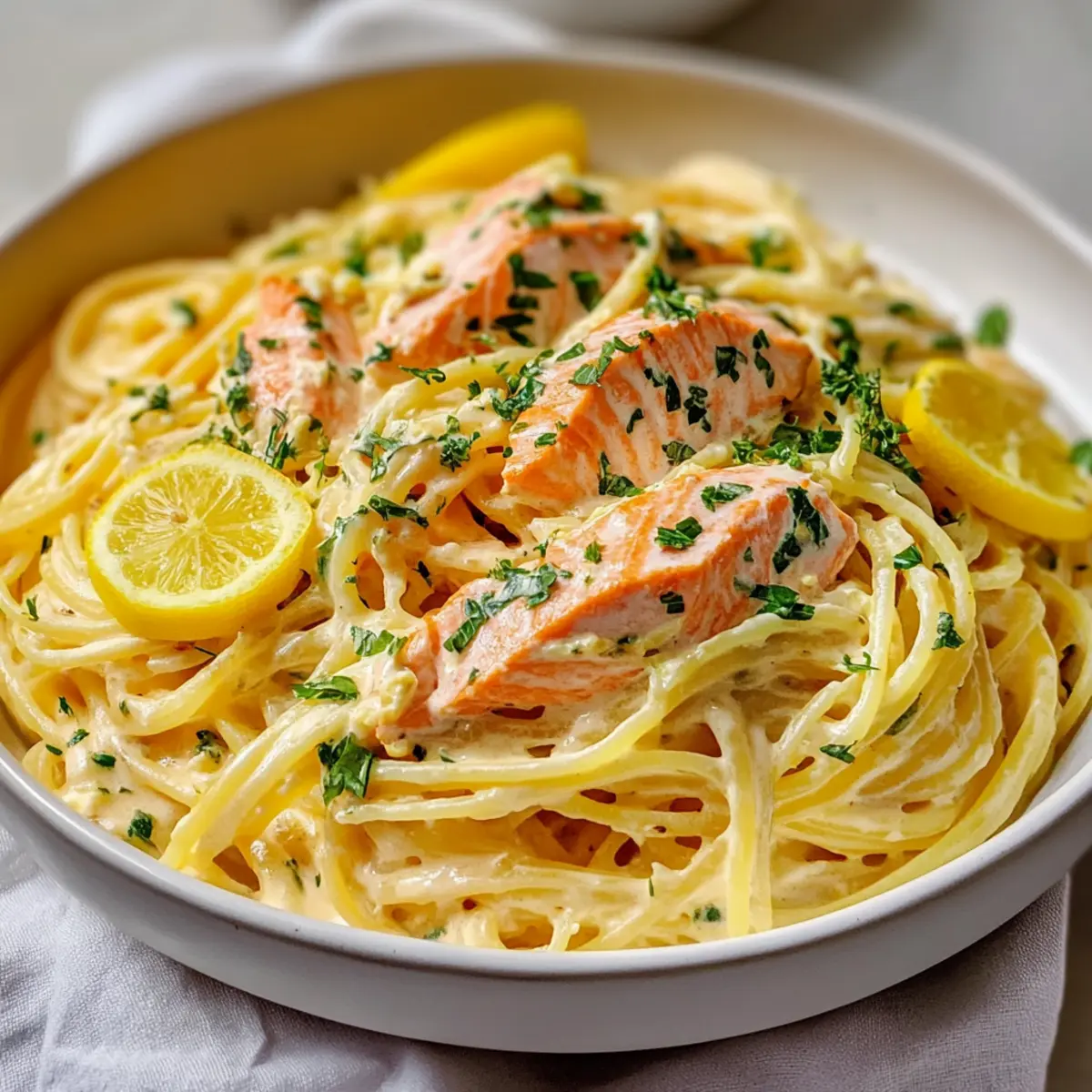 High Protein Creamy Lemon Garlic Salmon Pasta