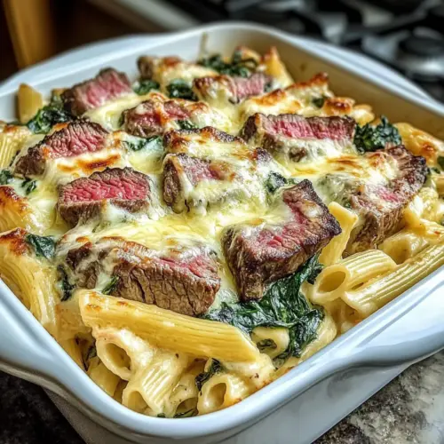 Steak & Spinach Artichoke Pasta Bake