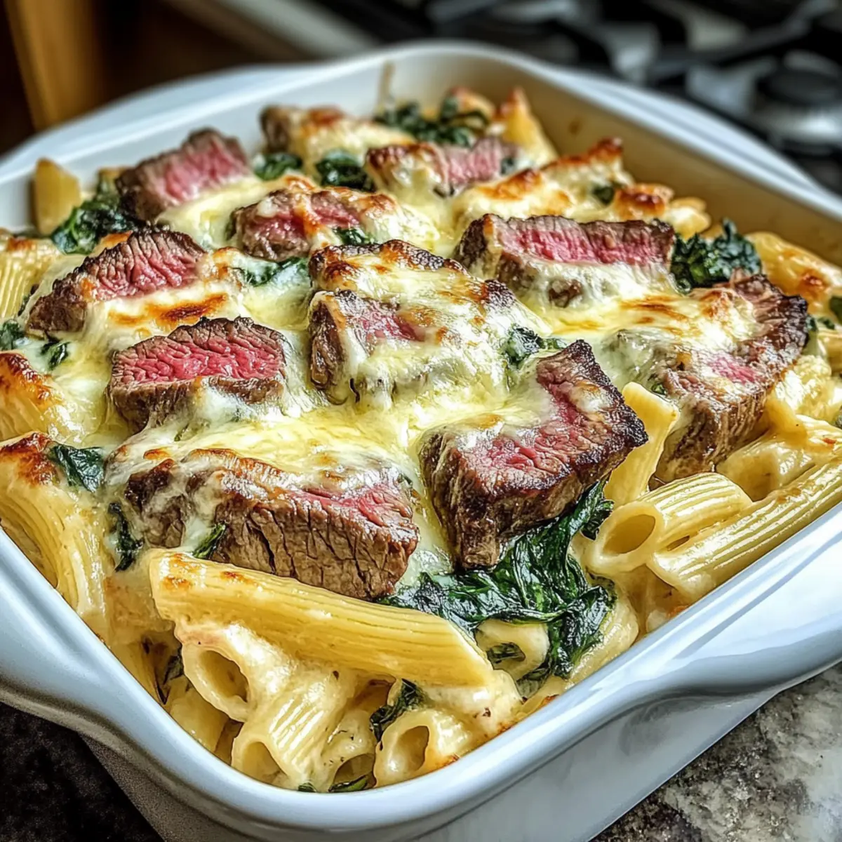 Steak & Spinach Artichoke Pasta Bake