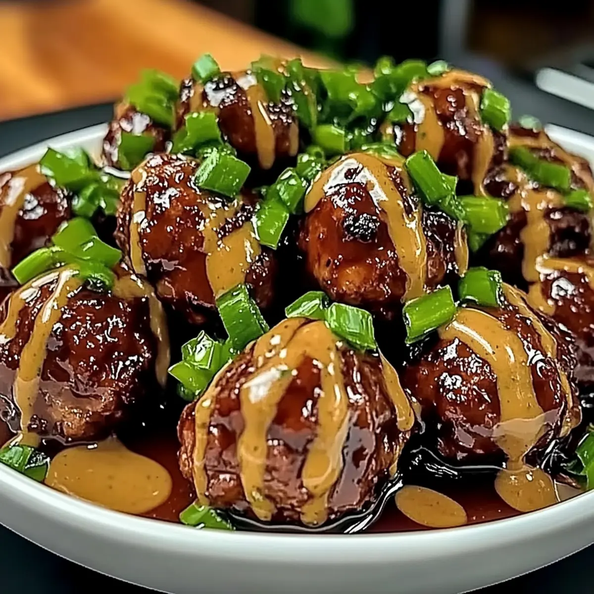 Sticky Hoisin Meatballs with Scallion Sauce