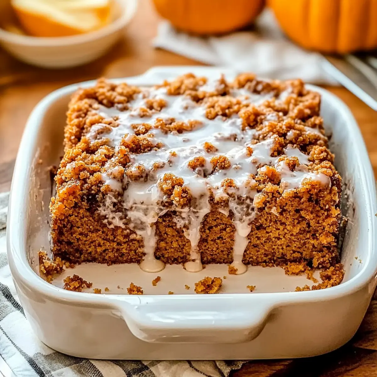 Pumpkin Coffee Cake with Crumble Topping and Sweet Vanilla Glaze