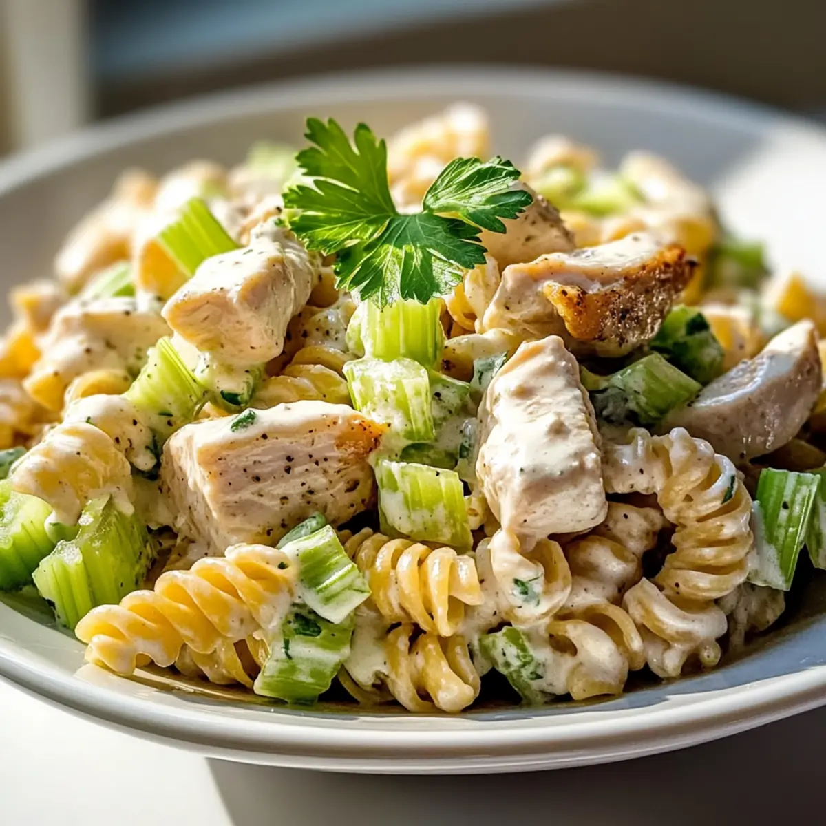 Greek Yogurt Chicken Pasta Salad with Celery and Dijon Dressing