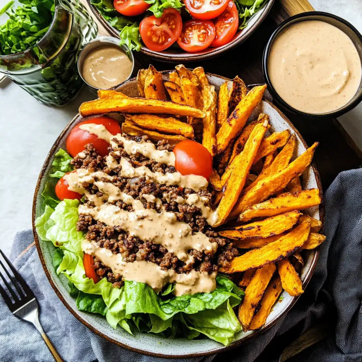 Burger Bowls with Chipotle Ranch & Sweet Potato Fries